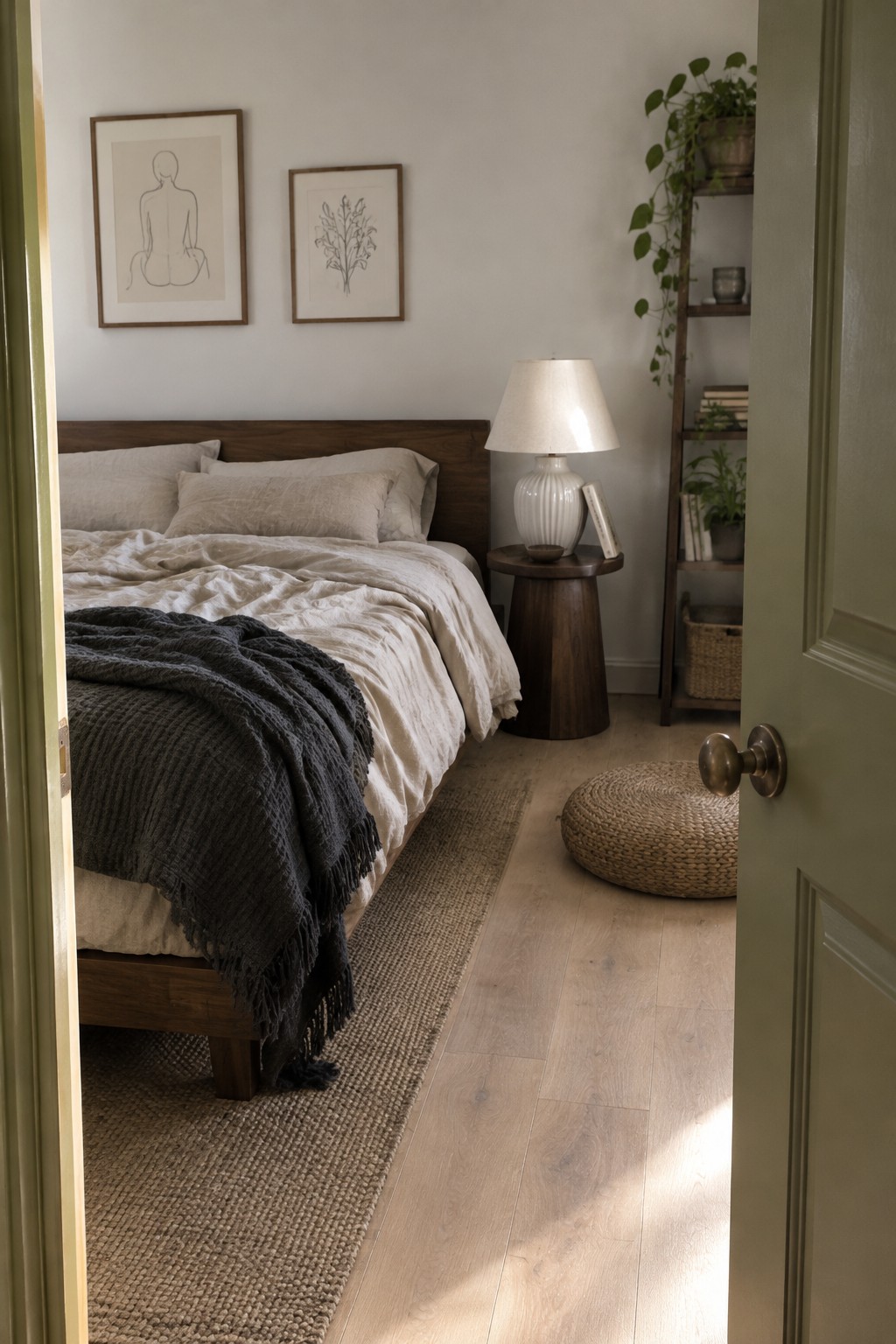 Pale sage bedroom walls beside a dark wood headboard.