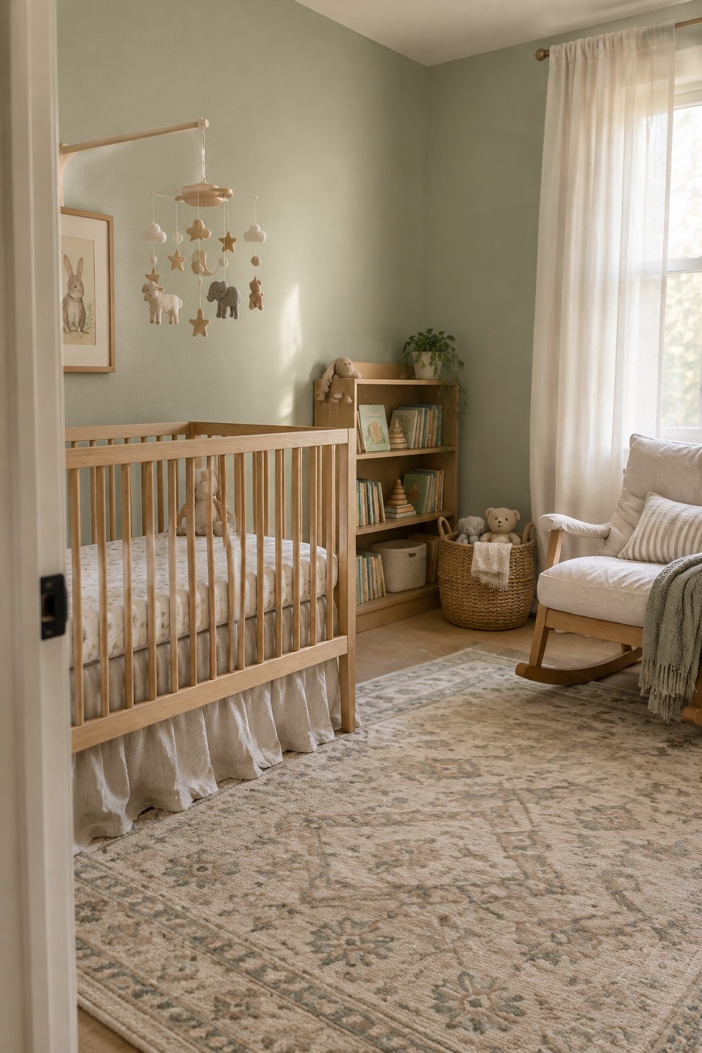 Pale sage green walls in a nursery with a warm wood crib.
