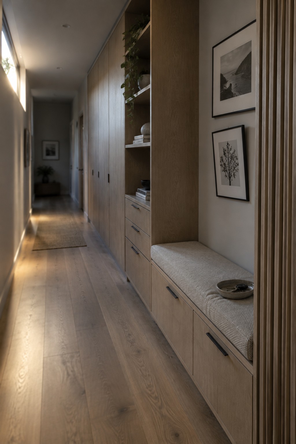 A hallway with light wood built-in cabinets, open shelves, and a cushioned bench above drawers.