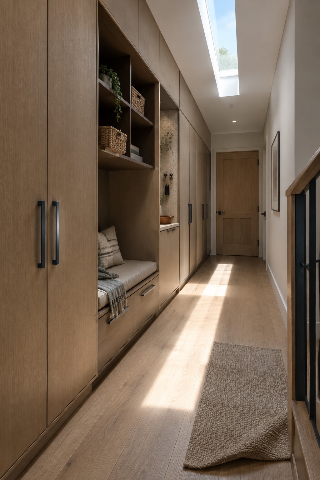 A narrow hallway with light wood built-in wardrobes, an open shelving unit above a cushioned bench, and drawers beneath the seat.
