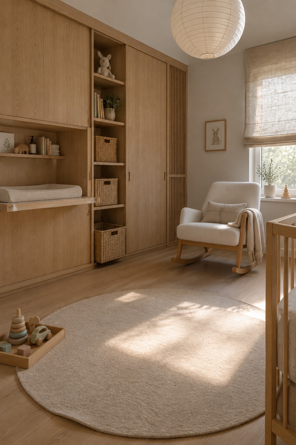 A nursery with a floor-to-ceiling wooden built-in wardrobe, open shelves, storage baskets, and a changing surface.