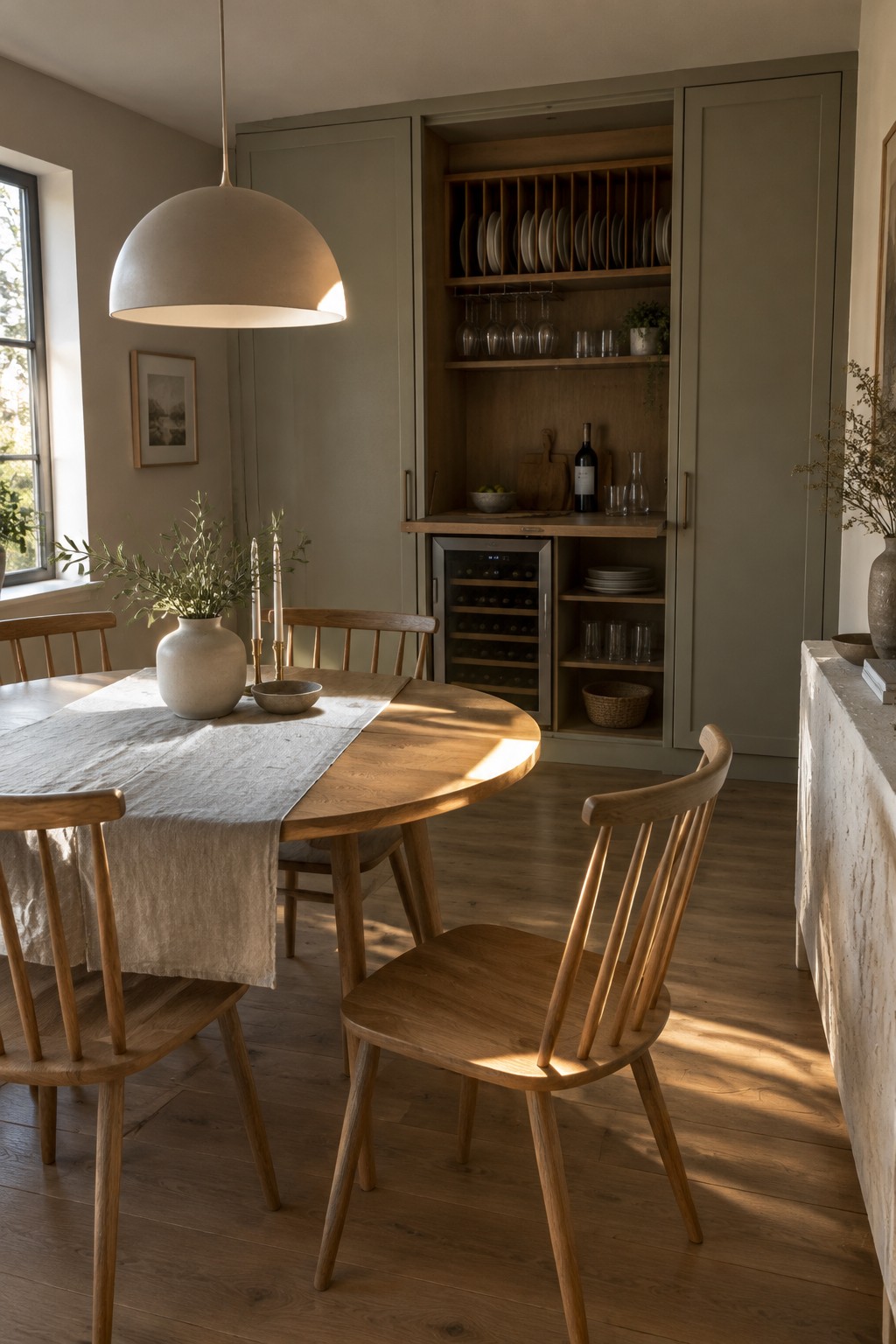 A dining area with olive-green built-in cabinets, open shelves, and a wine fridge beside a wooden table and chairs.