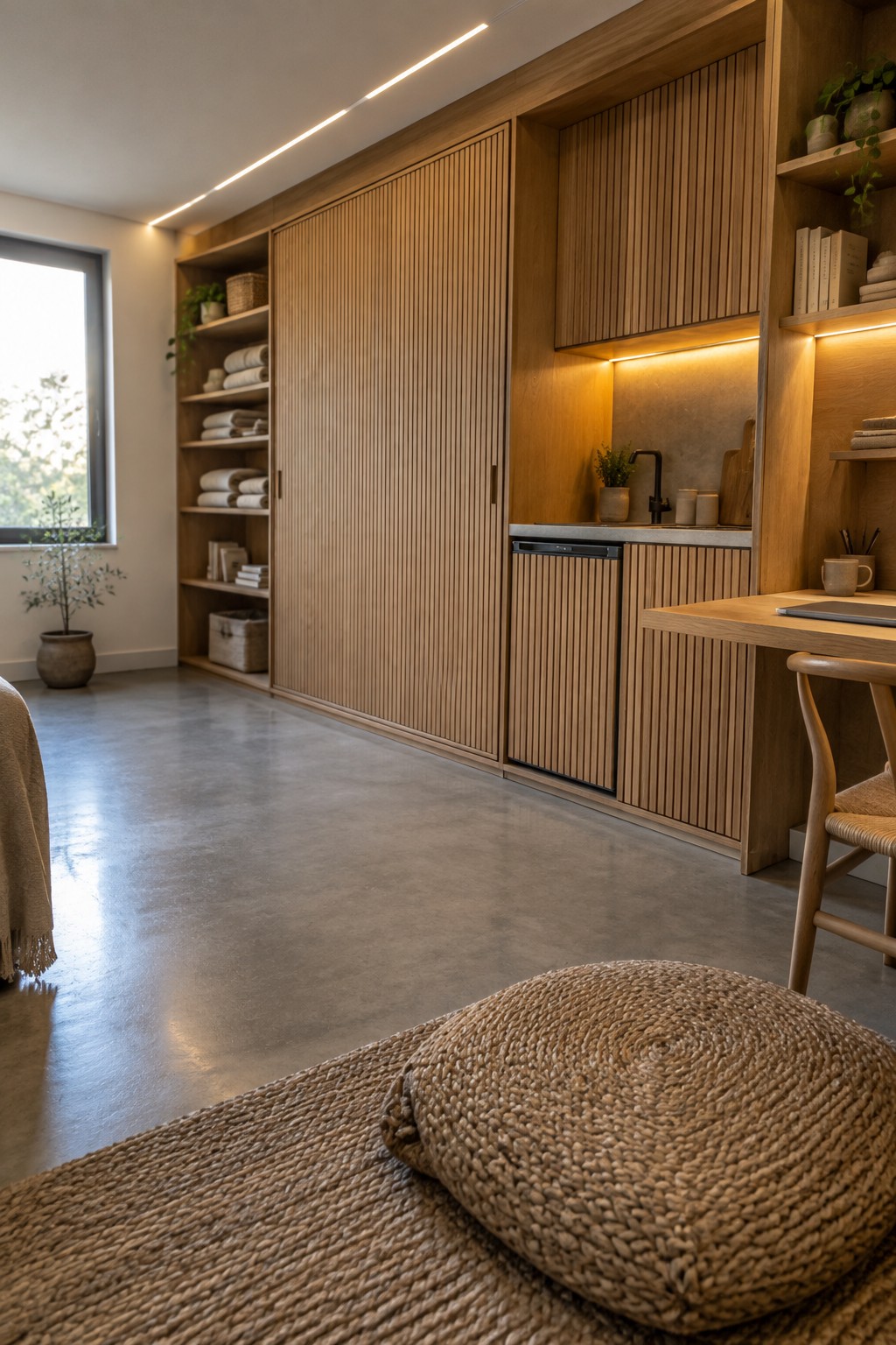Floor-to-ceiling slatted wood cabinets and open shelves line a kitchen with a concrete floor.