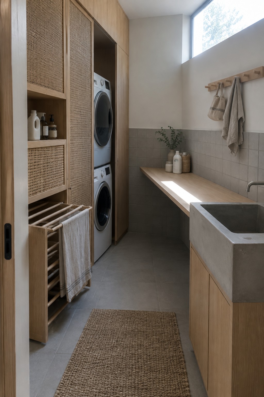 A narrow laundry room with stacked front-loading appliances set into a wood cabinet wall with woven doors and open shelves.