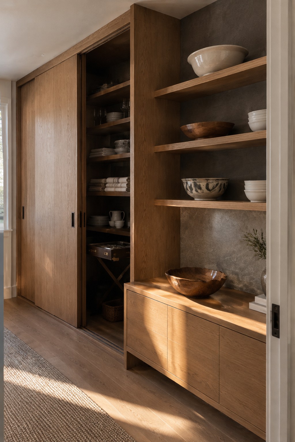 A built-in wood storage wall with sliding cabinet doors, open shelves displaying ceramic bowls, and a low cabinet.