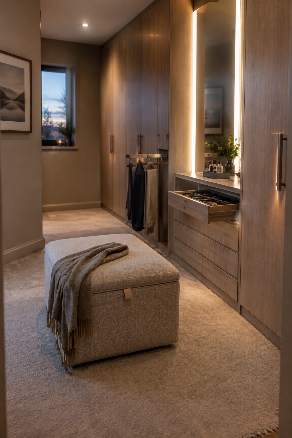 A dressing room with tall wood wardrobes, a built-in drawer open to reveal divided compartments, and an upholstered bench.