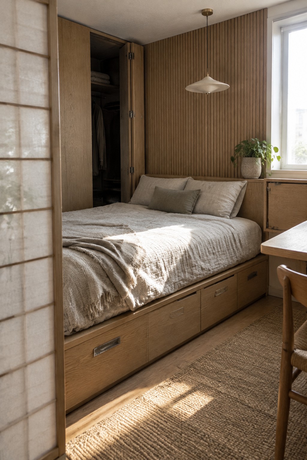 A wooden bed with built-in drawers sits beneath a slatted wood wall beside an open wardrobe.