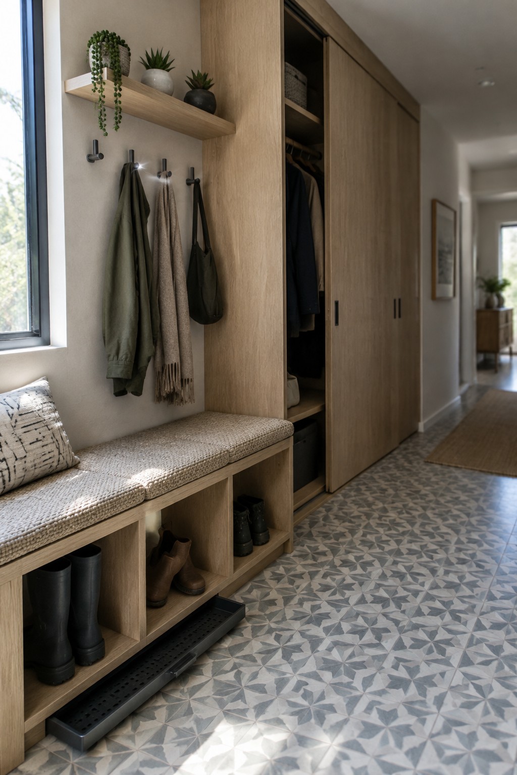 A wood built-in wardrobe beside an entry bench with open shoe storage, hanging coats, wall hooks, and a shelf with potted plants.
