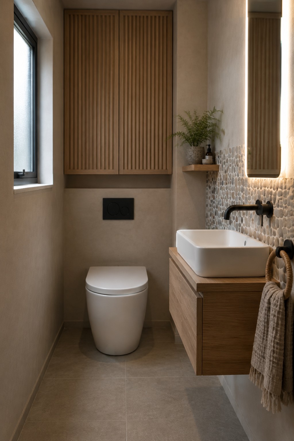 A narrow bathroom with a slatted wooden cabinet above a toilet, a wall-mounted sink, and a small shelf.