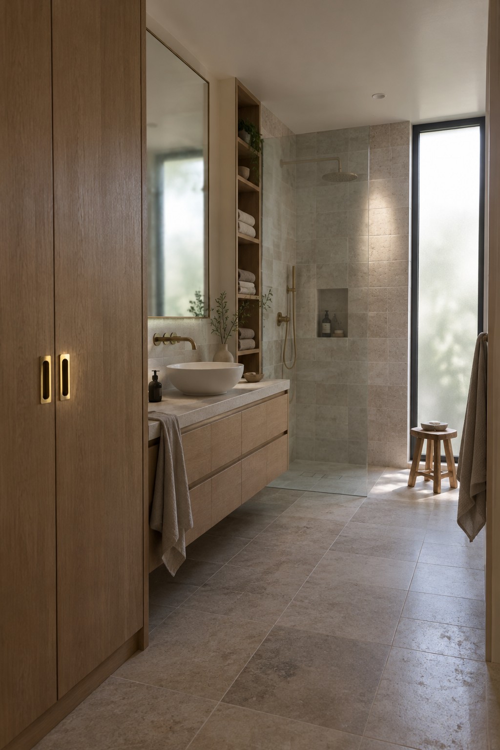 A bathroom with a tall wood cabinet, floating vanity, open towel shelves, and a walk-in shower.