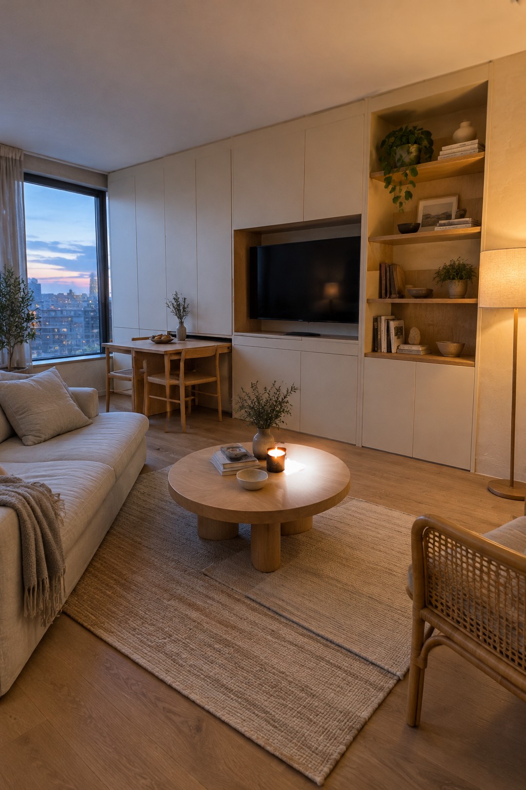 A living room with pale built-in cabinets surrounding a television and open display shelves beside it.