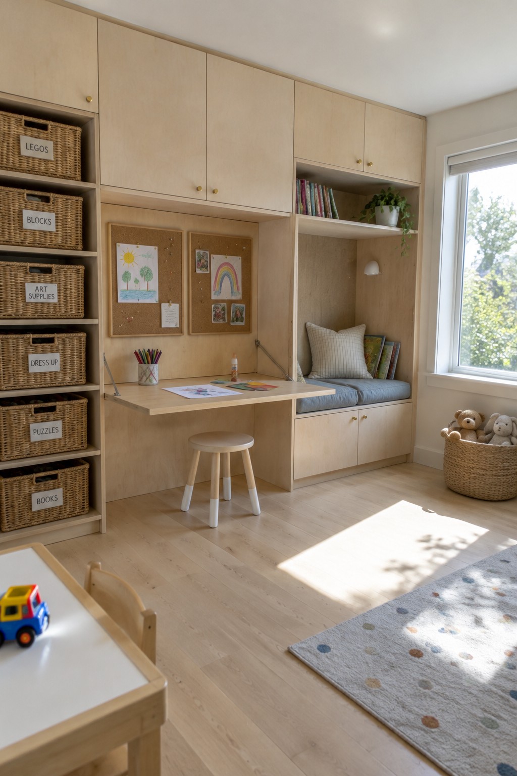 A light wood playroom built-in with labeled wicker baskets, upper cabinets, a fold-down desk, and a cushioned reading nook.
