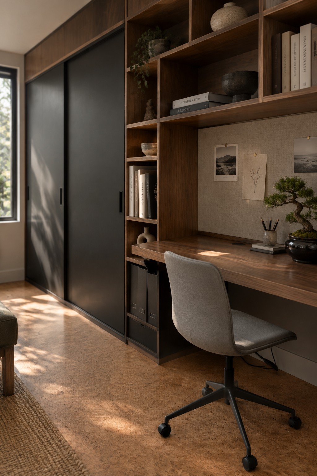 A dark built-in wardrobe beside a wooden desk and open shelves in a home office.