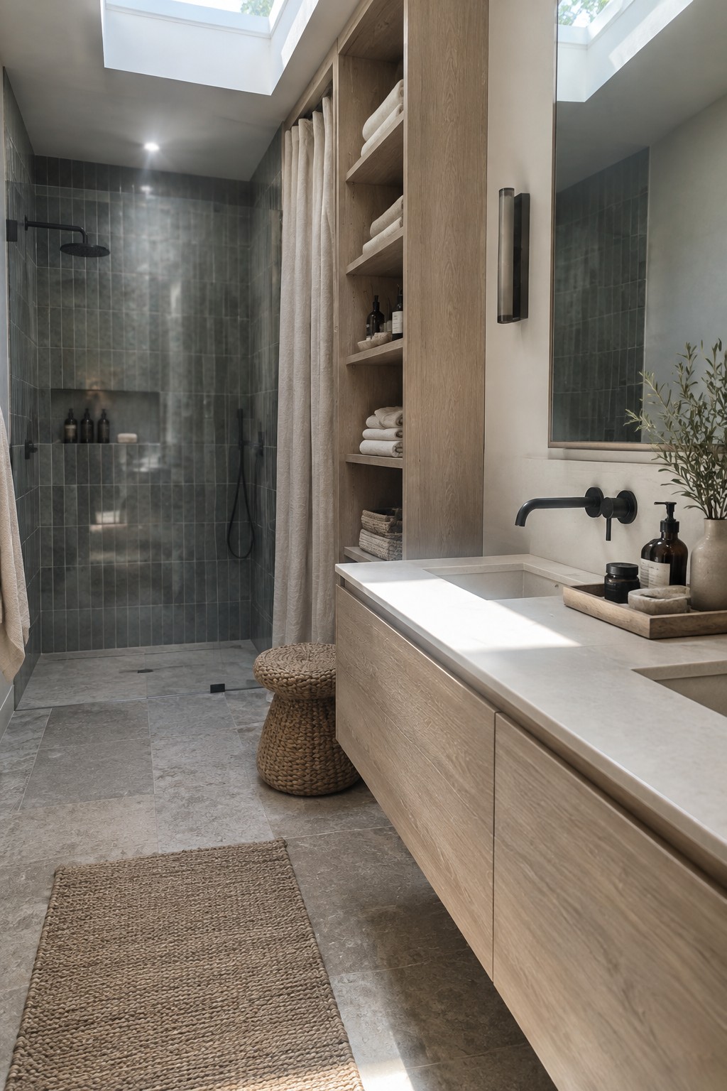 A bathroom with built-in wood shelves holding folded towels beside a vanity and glass shower.