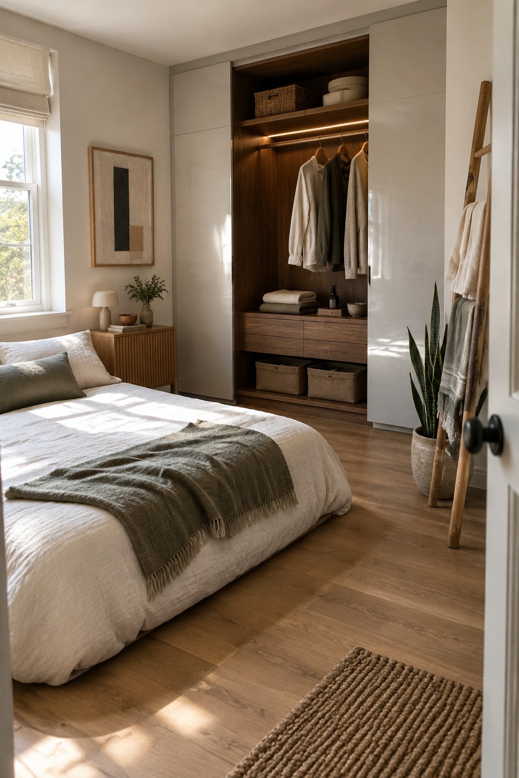 A bedroom with a recessed wood wardrobe, hanging clothes, drawers, and baskets between pale built-in cabinet doors.
