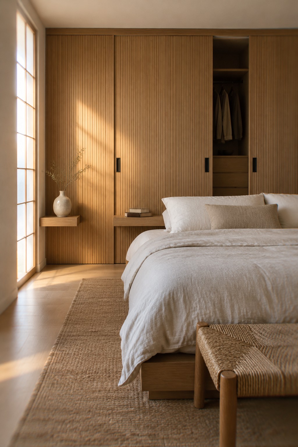 A bedroom with a floor-to-ceiling slatted wood wardrobe, one open section showing hanging clothes and drawers, and a low bed with white bedding.