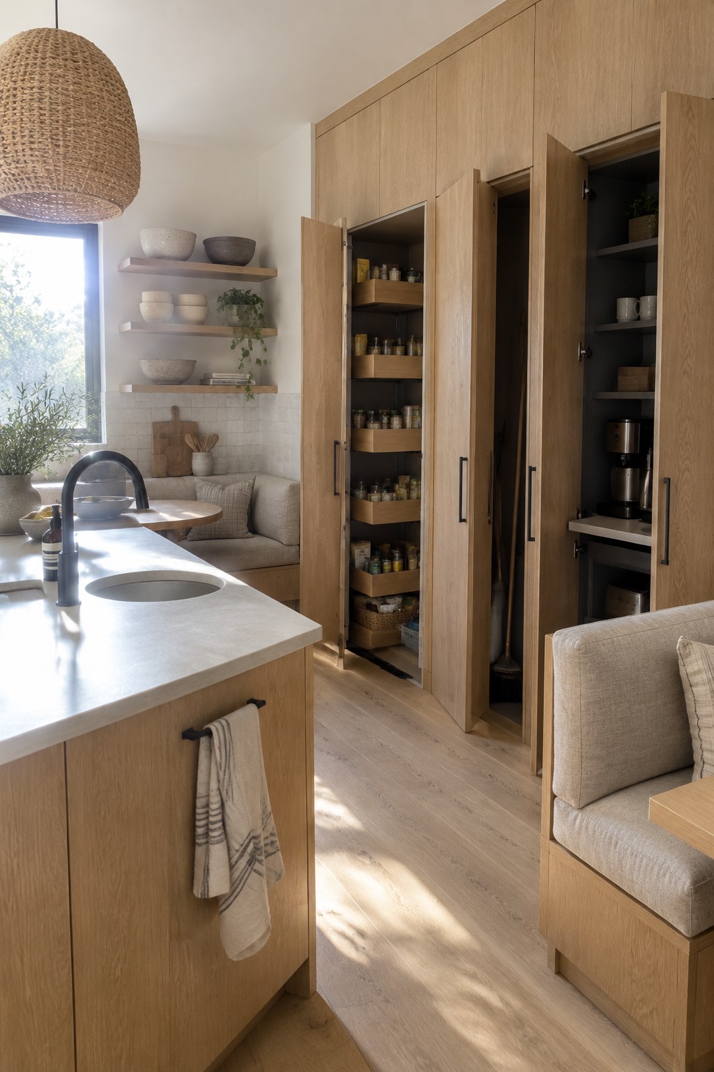 Tall wood cabinets with open doors reveal pull-out pantry shelves and a small appliance storage area beside a kitchen island.