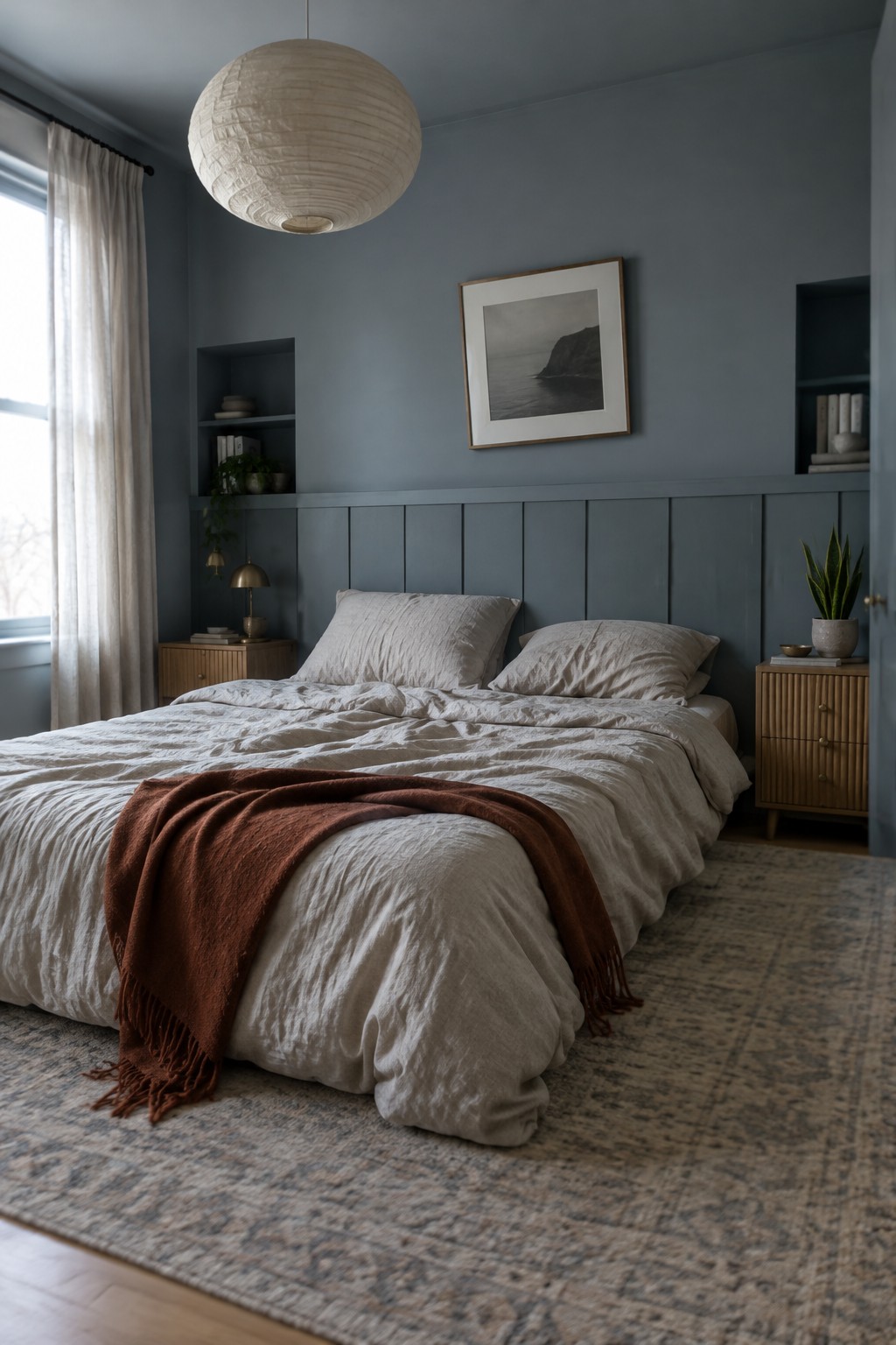 Blue-gray paint covers the bedroom walls and vertical paneling behind the bed.