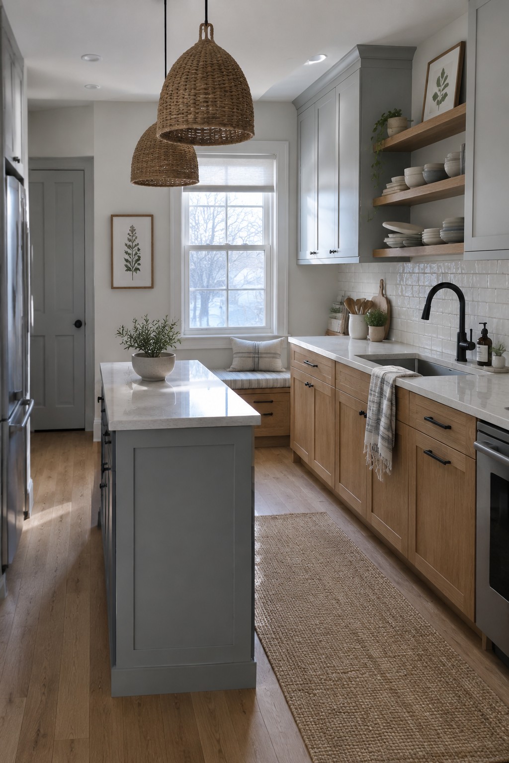 A gray kitchen island and upper cabinets pair with warm oak cabinetry in a narrow kitchen.
