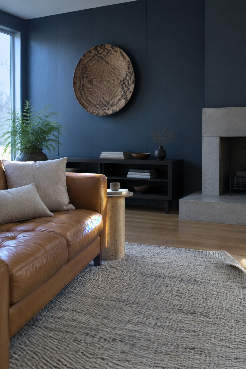 Deep blue-gray walls in a living room with a woven wood wall accent.