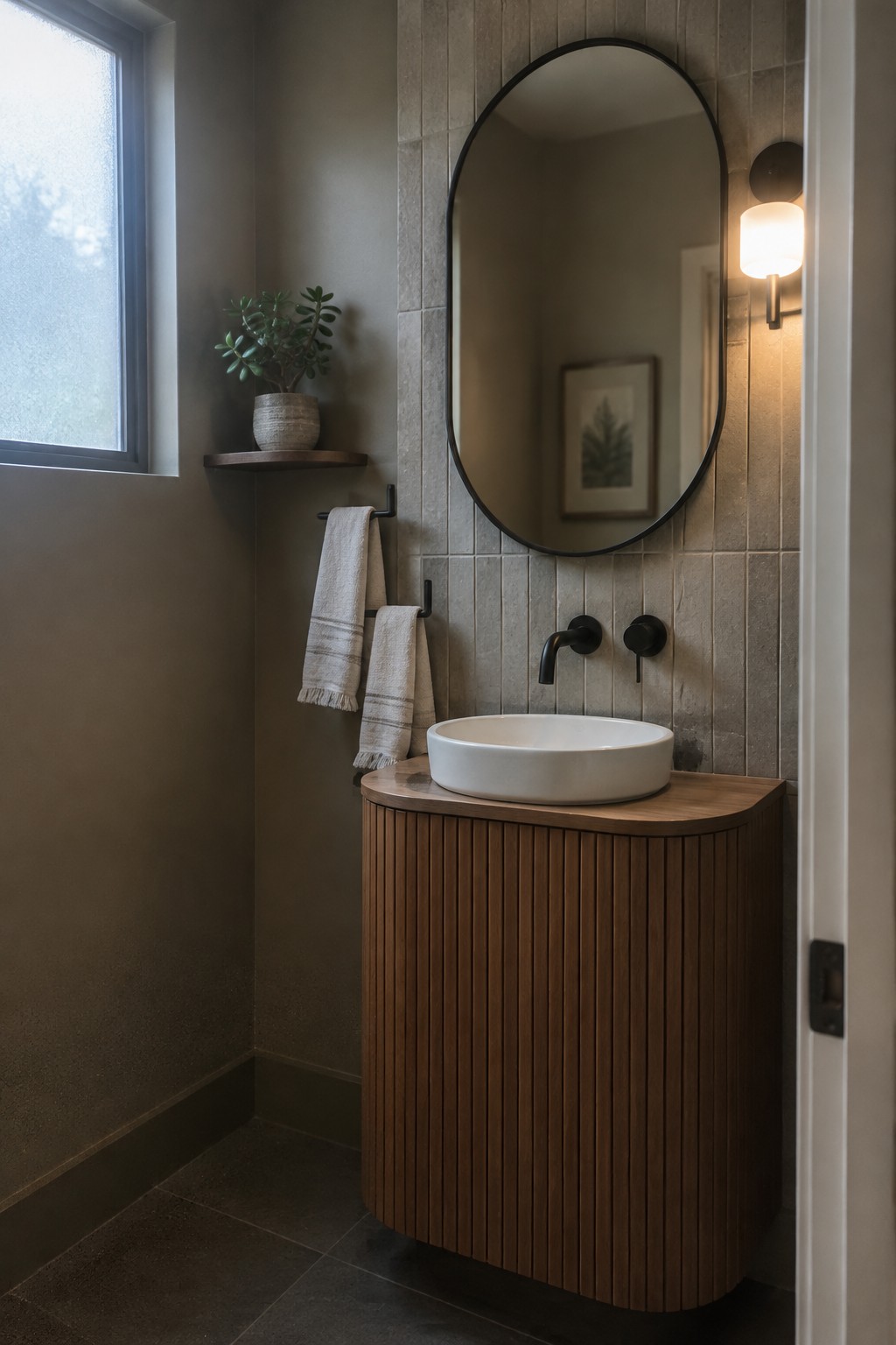 Muted greige bathroom walls beside vertical stone tile and a wood vanity.