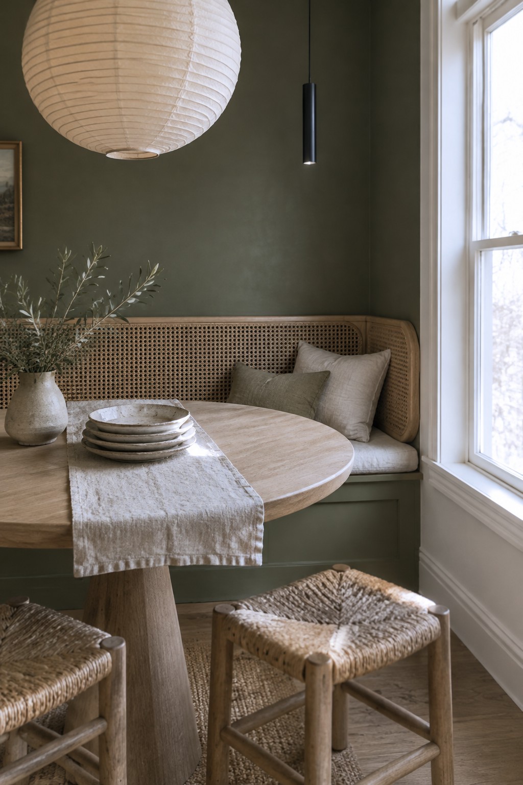 Muted olive green walls surround a dining nook with a built-in cane bench and wood table.