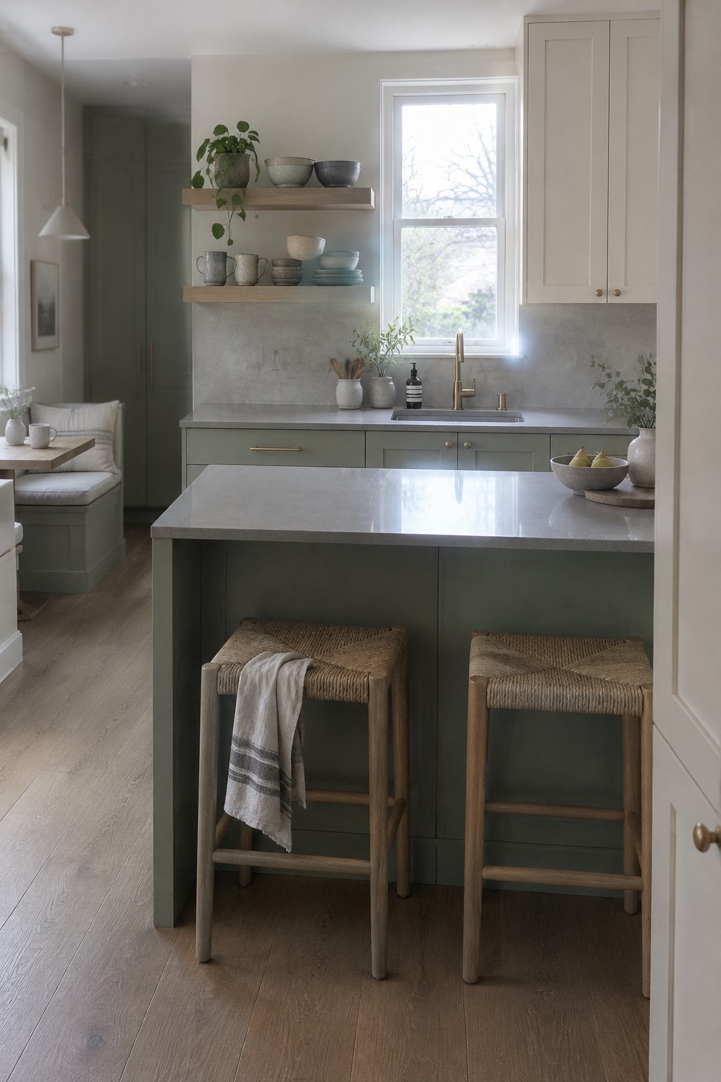 Muted sage-green kitchen cabinets paired with pale stone counters and warm wood flooring.