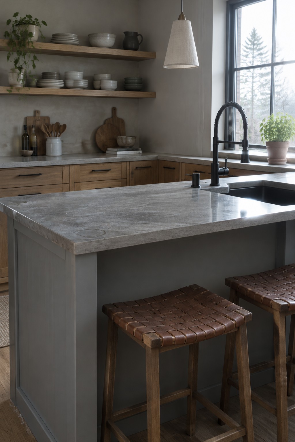 Soft greige paint on a kitchen island beside warm oak cabinets and stone countertops.