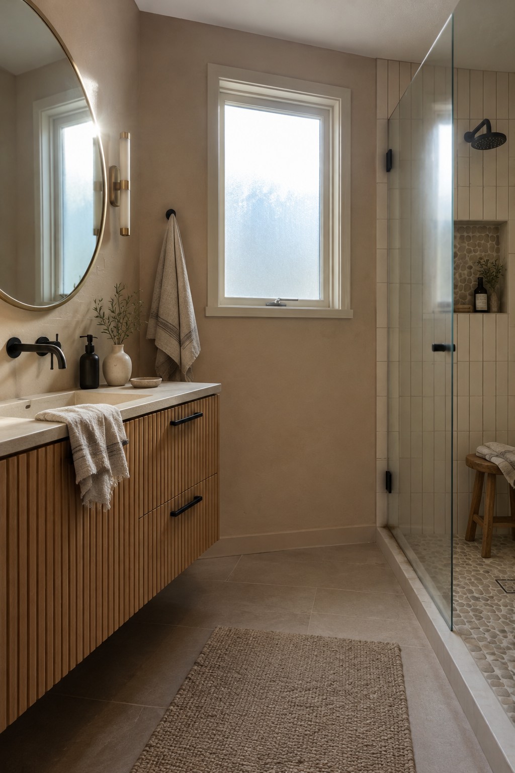 Warm beige bathroom walls beside a fluted oak vanity and glass shower.