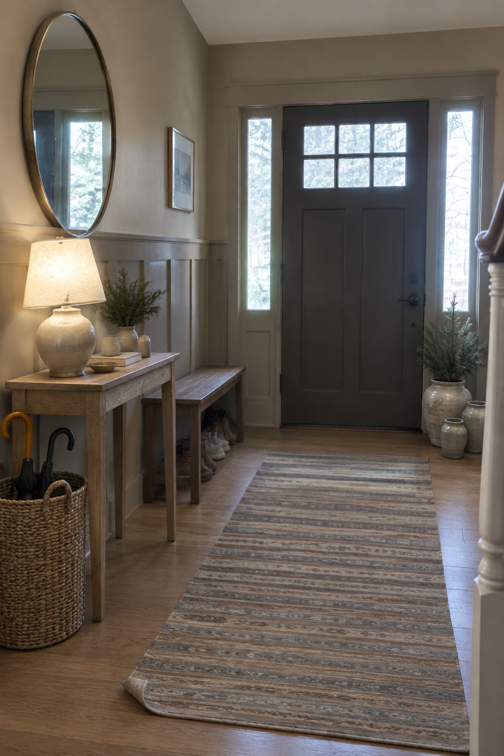 Warm greige-painted paneling in a north-facing entryway with wood floors.