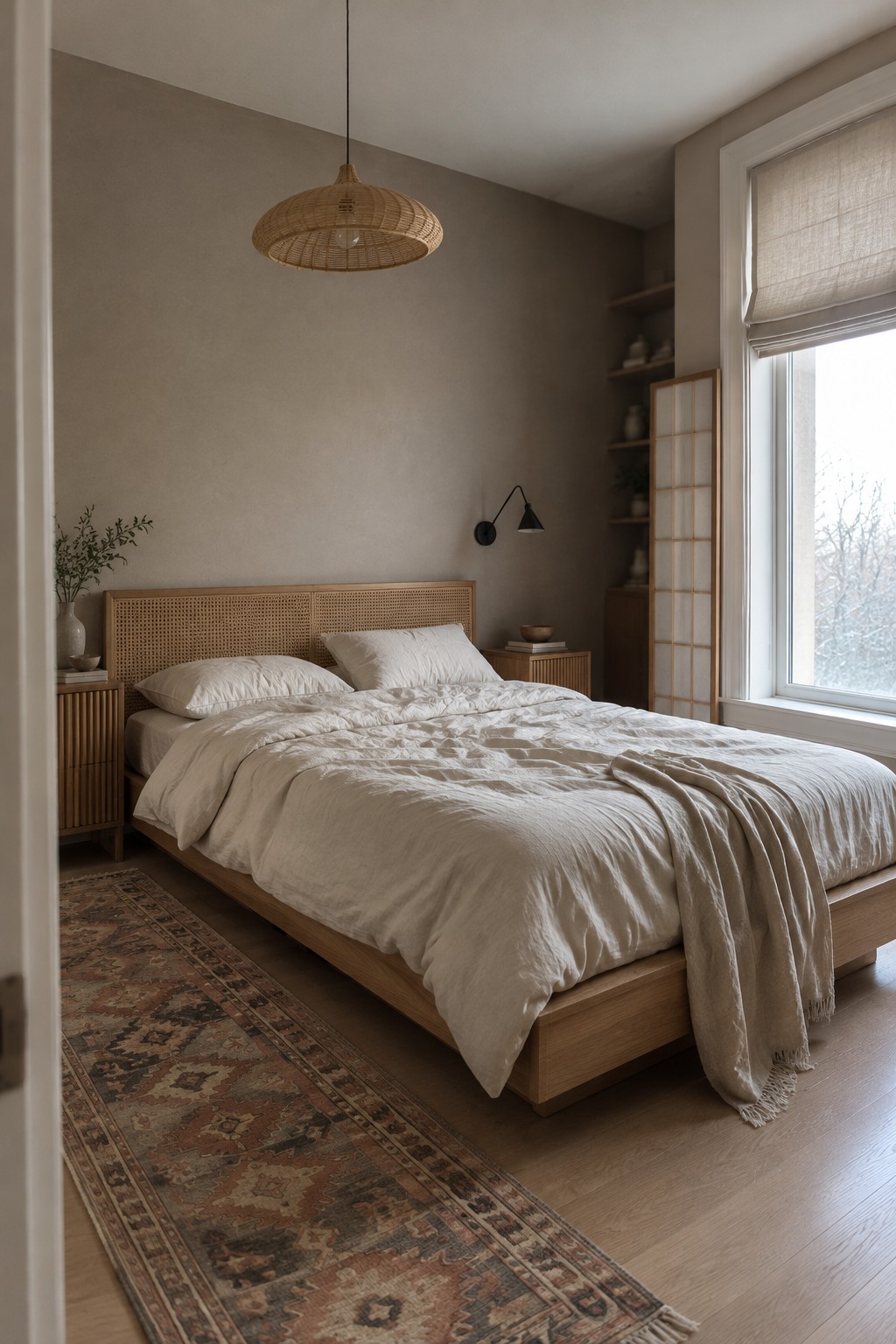 Warm greige bedroom walls beside a cane headboard and oak bed.