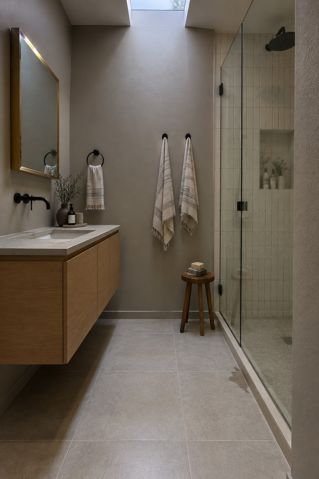 Warm greige bathroom walls beside an oak vanity and pale tile.