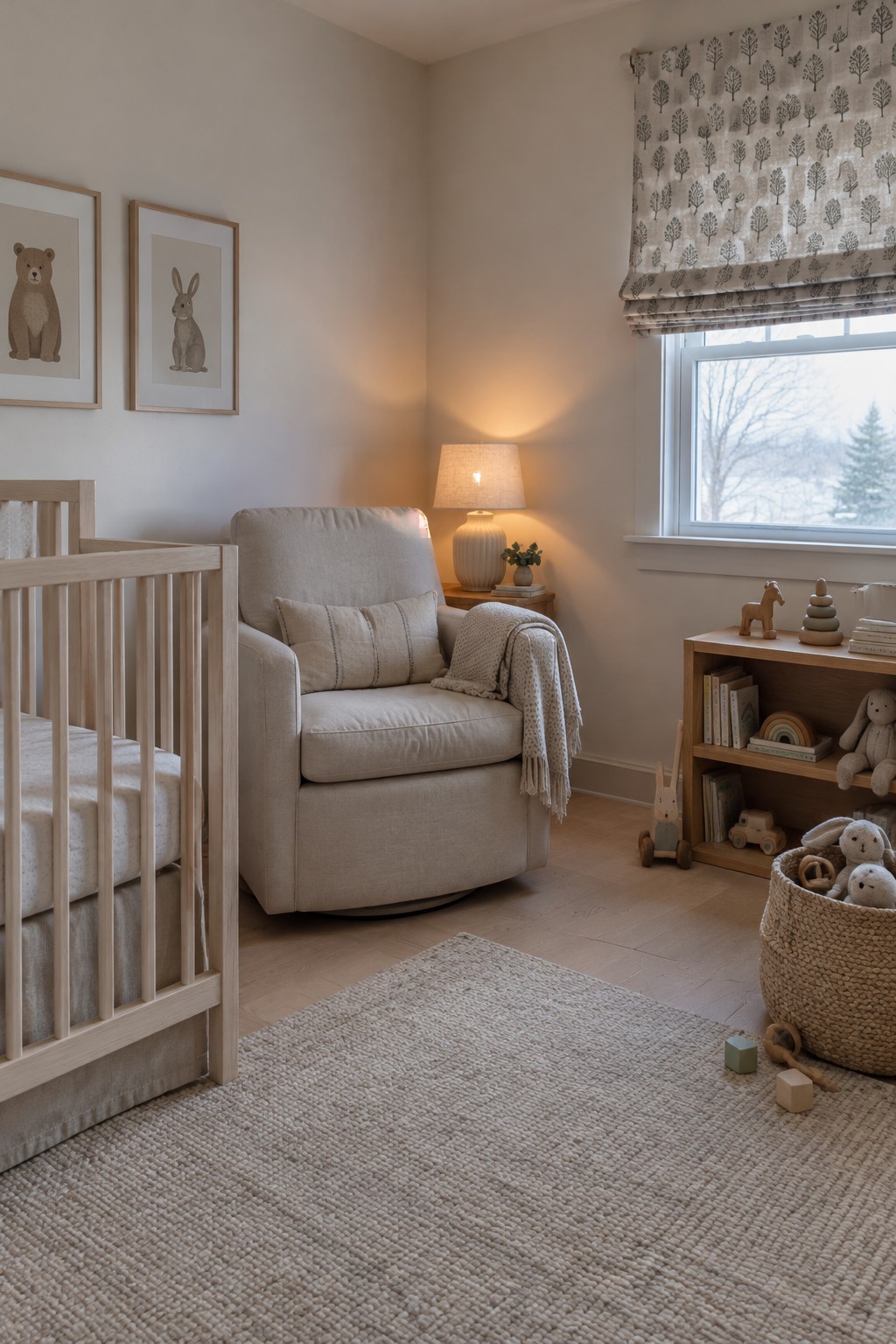 Warm greige walls in a nursery with a pale wood crib and light wood floor.