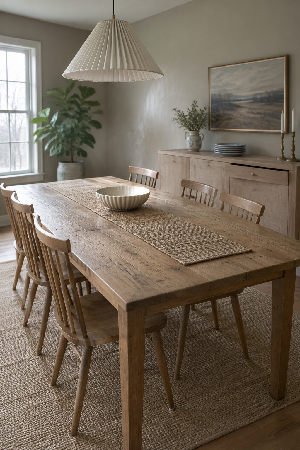 Warm greige dining room walls beside a weathered oak table.