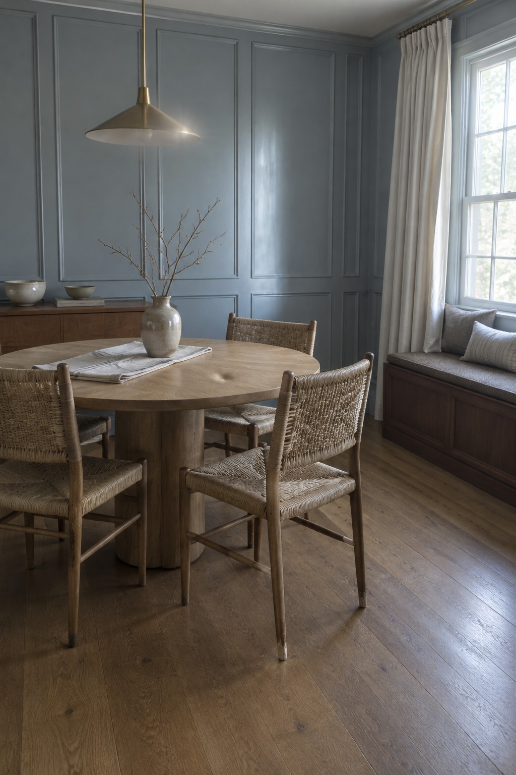 Blue-gray paneled walls in a dining room with warm wood flooring and a round table.