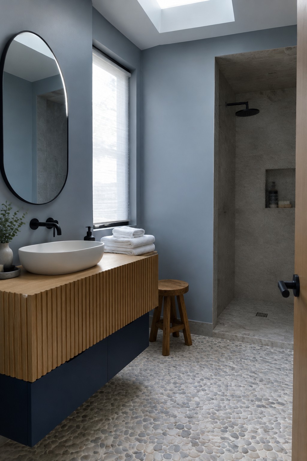 Blue-gray painted bathroom walls beside a fluted oak vanity and walk-in shower.
