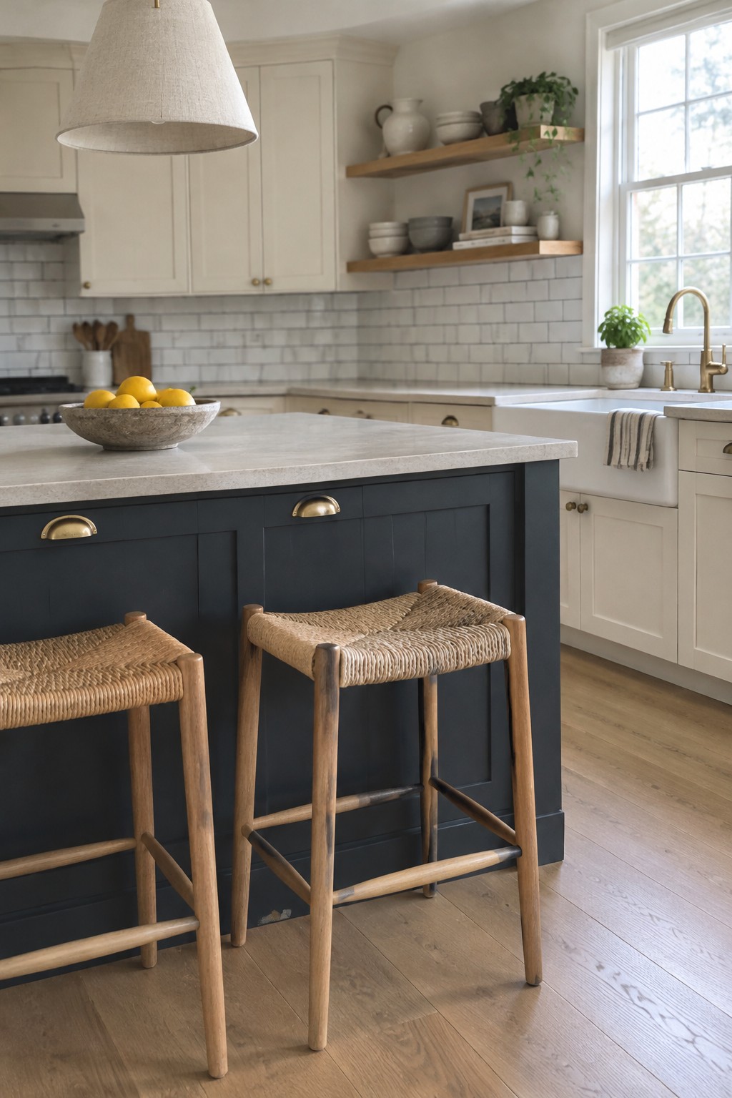 A charcoal-blue kitchen island with a pale stone countertop in a bright kitchen.