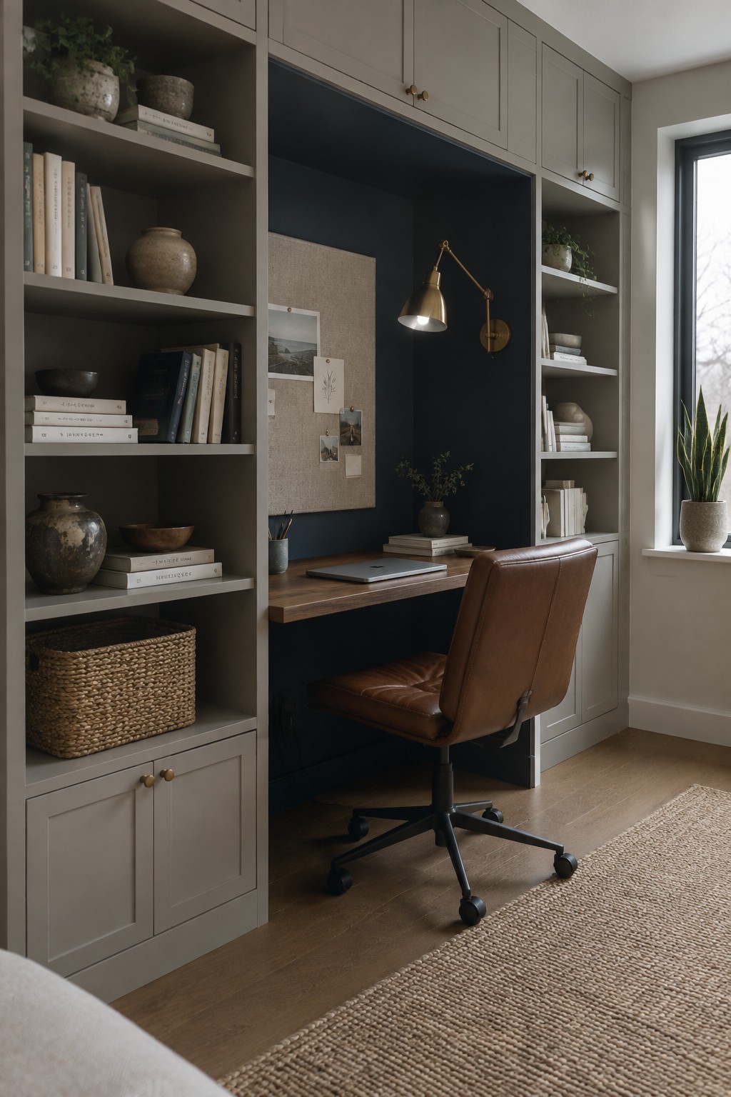 A deep blue-black painted desk nook set between greige built-in shelves.