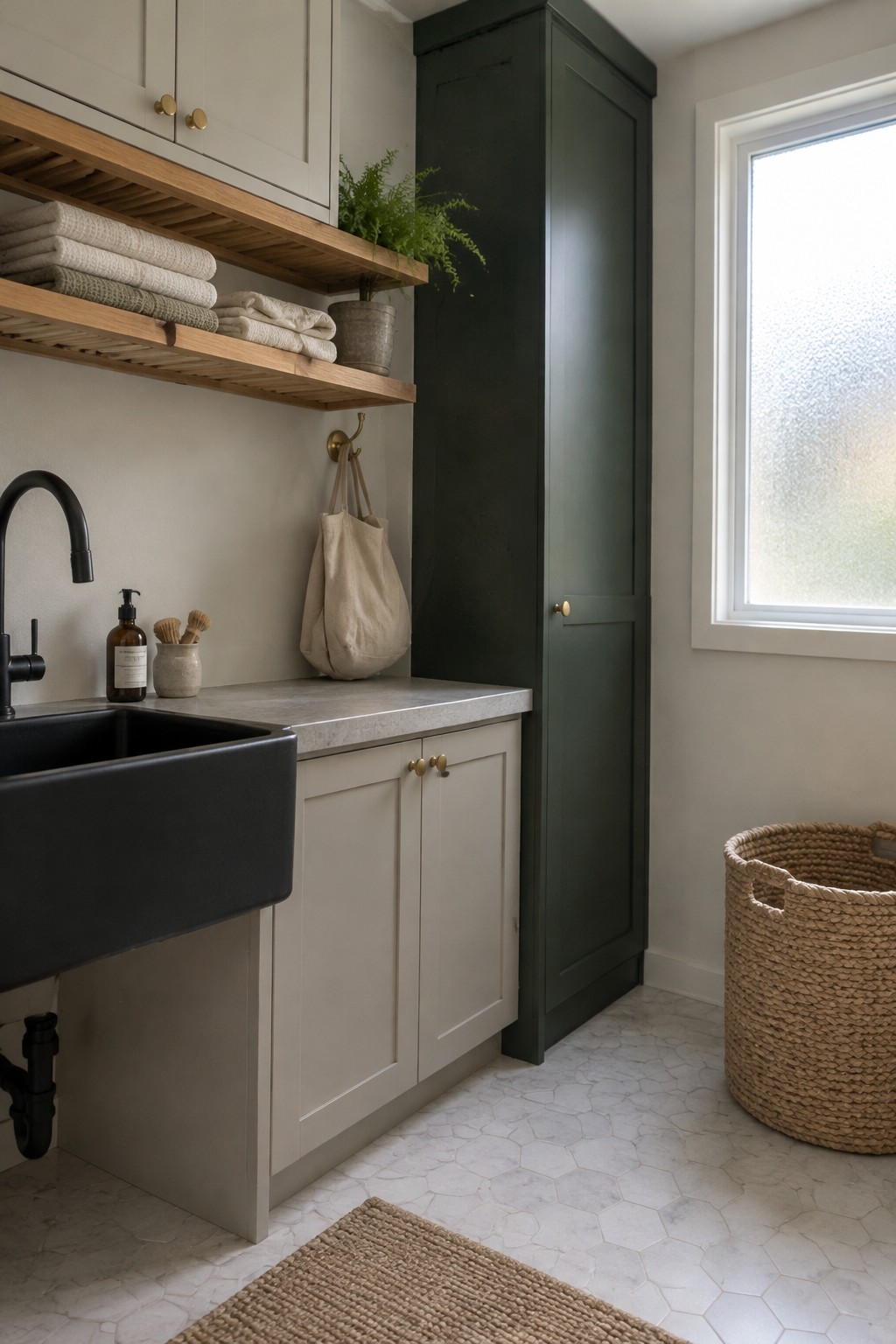 Deep green cabinetry beside pale stone counters in a small laundry room.