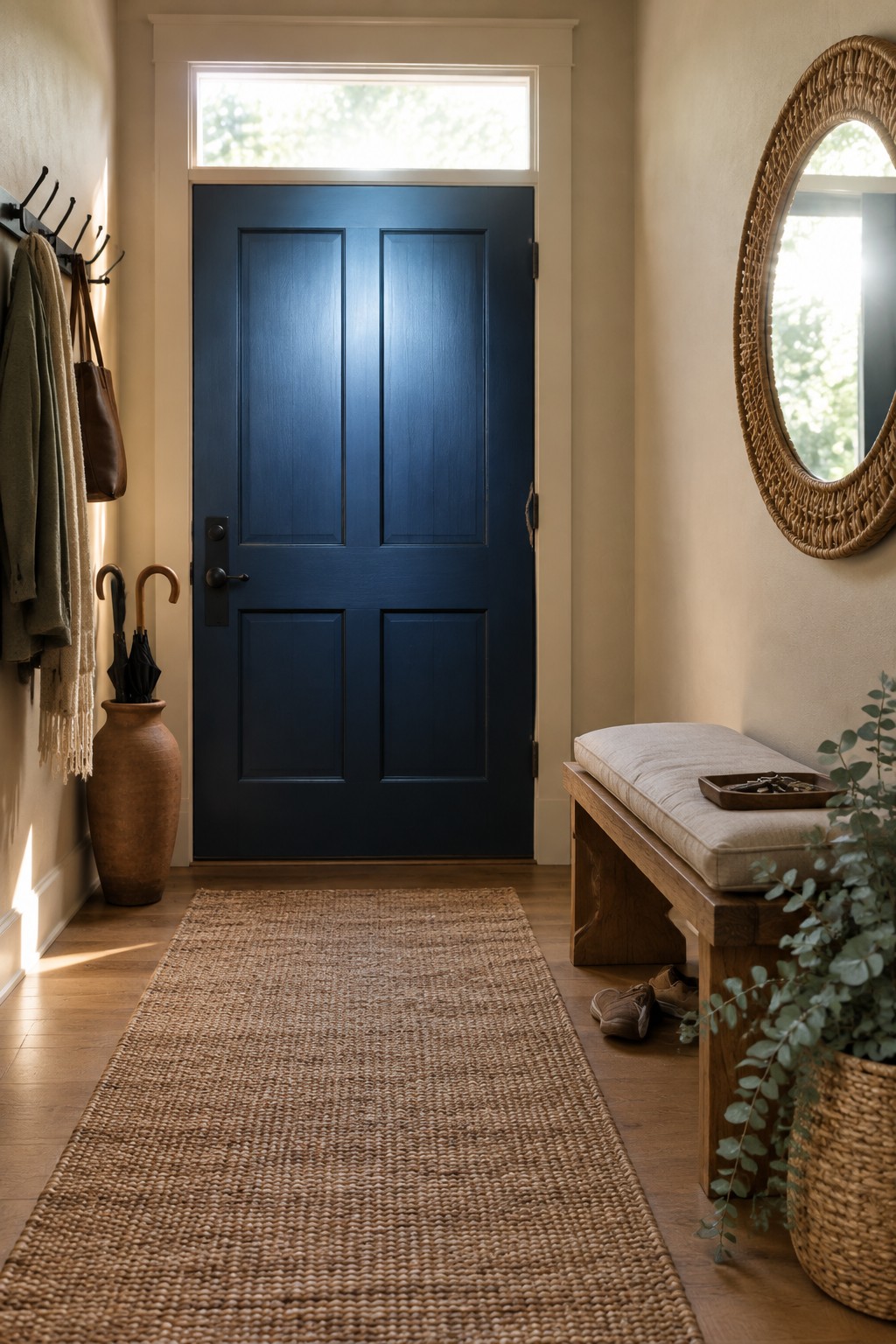 Deep navy blue front door in an entryway with warm wood flooring.