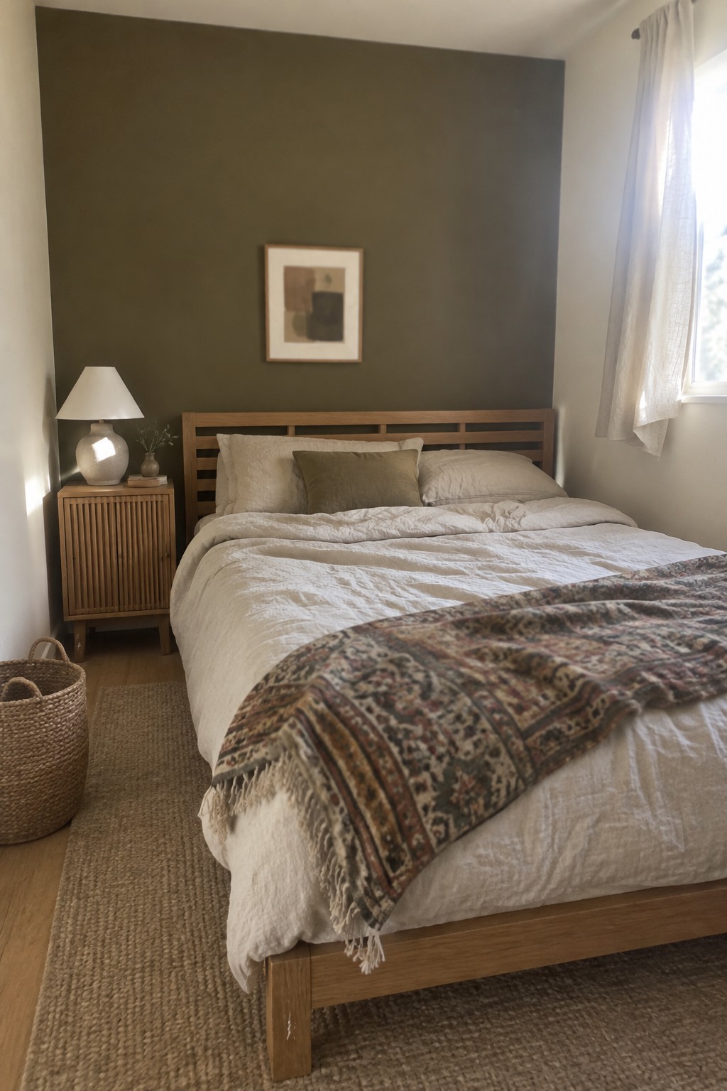 A deep olive accent wall behind a warm wood bed in a bedroom.