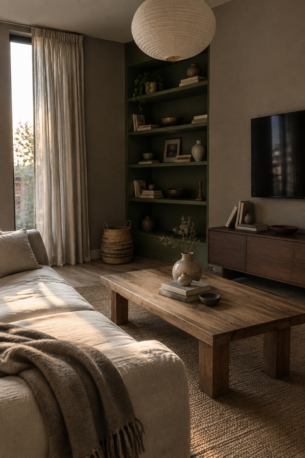 Deep olive-green built-in shelves beside warm wood flooring in a Japandi living room.