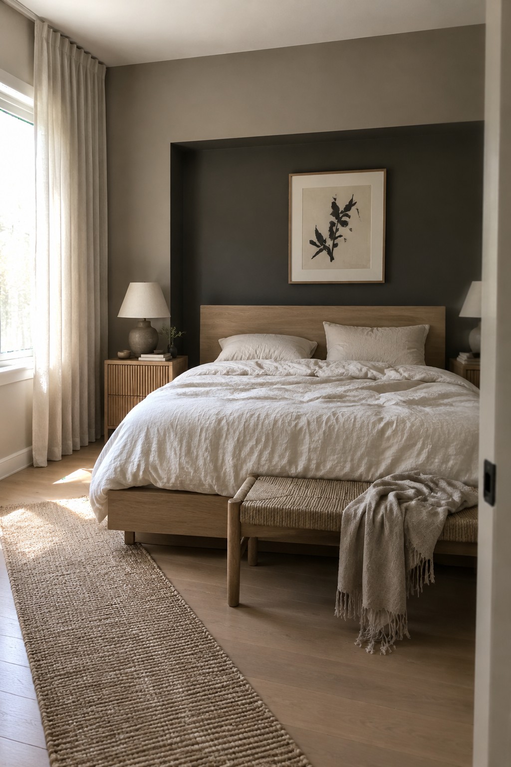Deep olive-brown paint covers a recessed bedroom wall behind a warm oak bed.