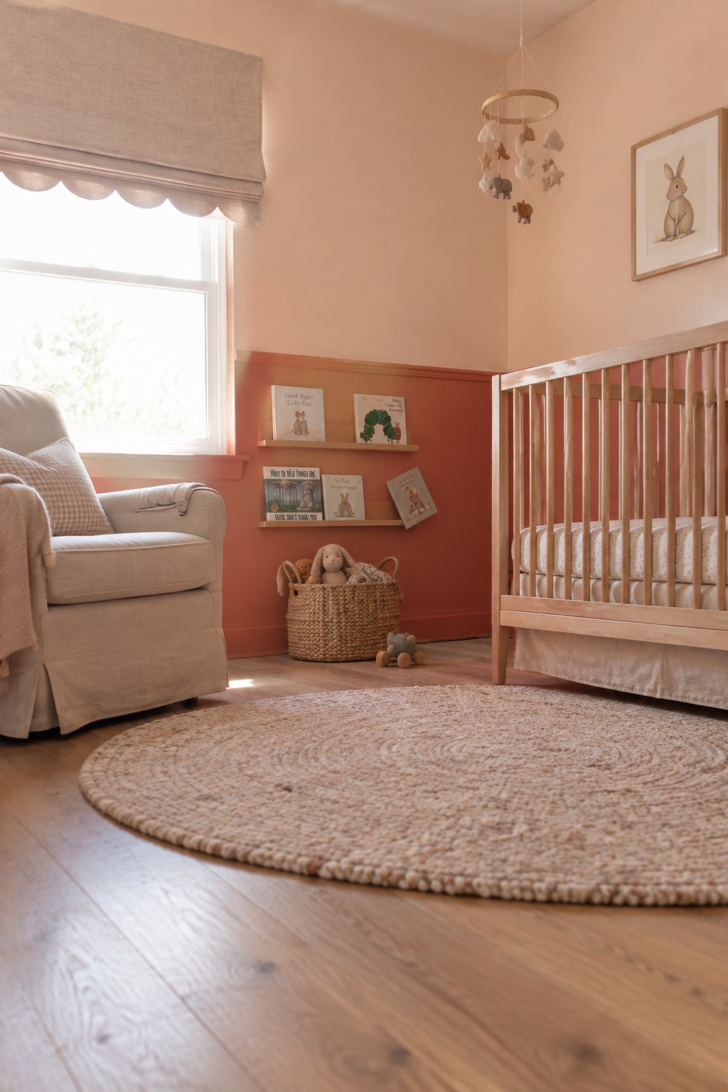 A nursery with muted coral wainscoting beneath pale peach walls.
