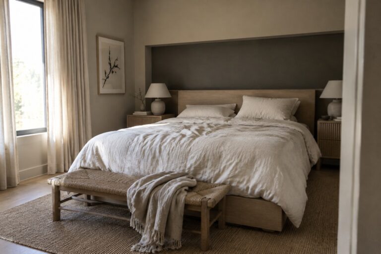 Deep olive-brown paint covers a recessed bedroom wall behind a warm oak bed.