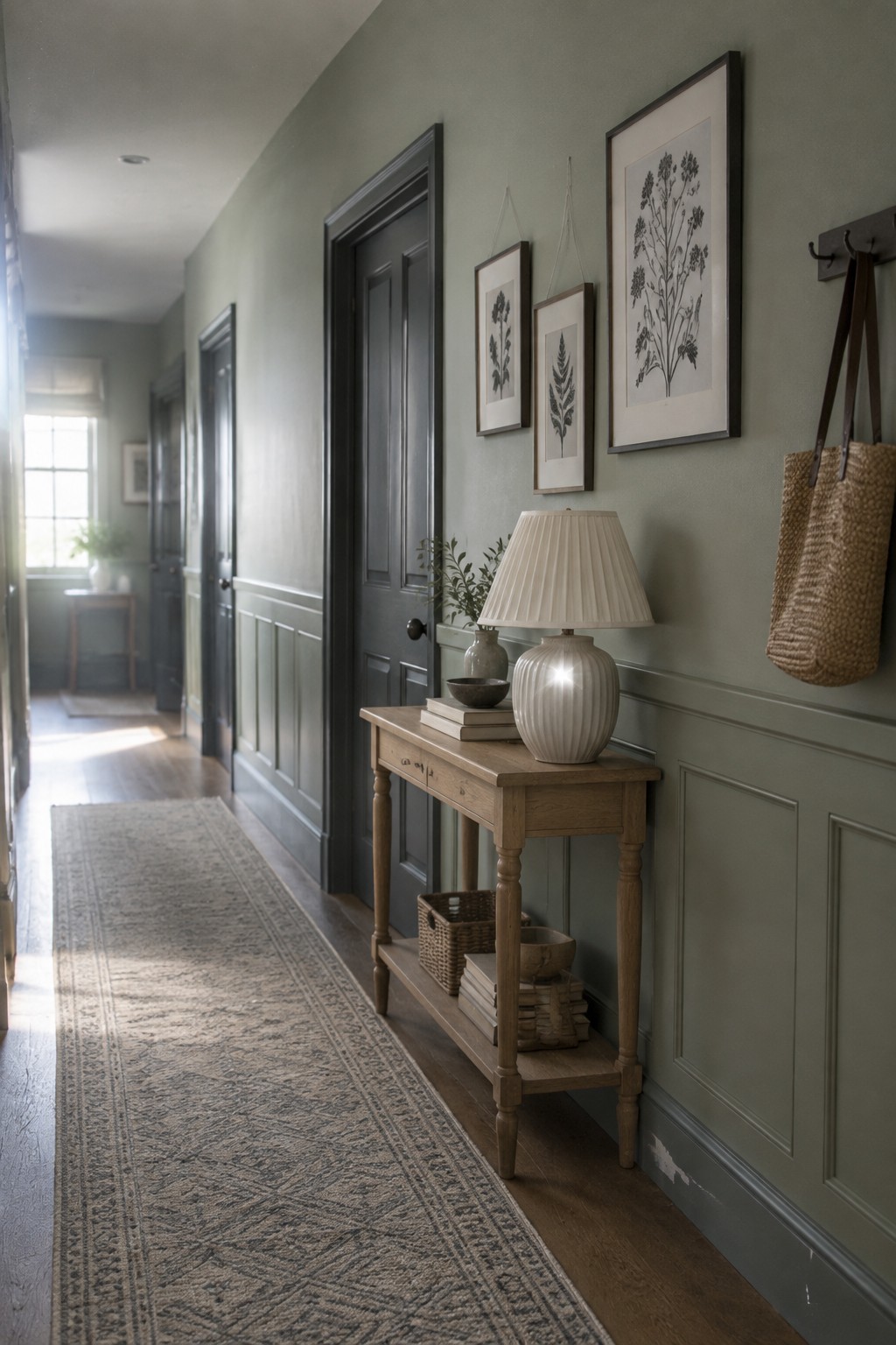 Muted sage-green wainscoting and walls in a narrow hallway with dark doors.