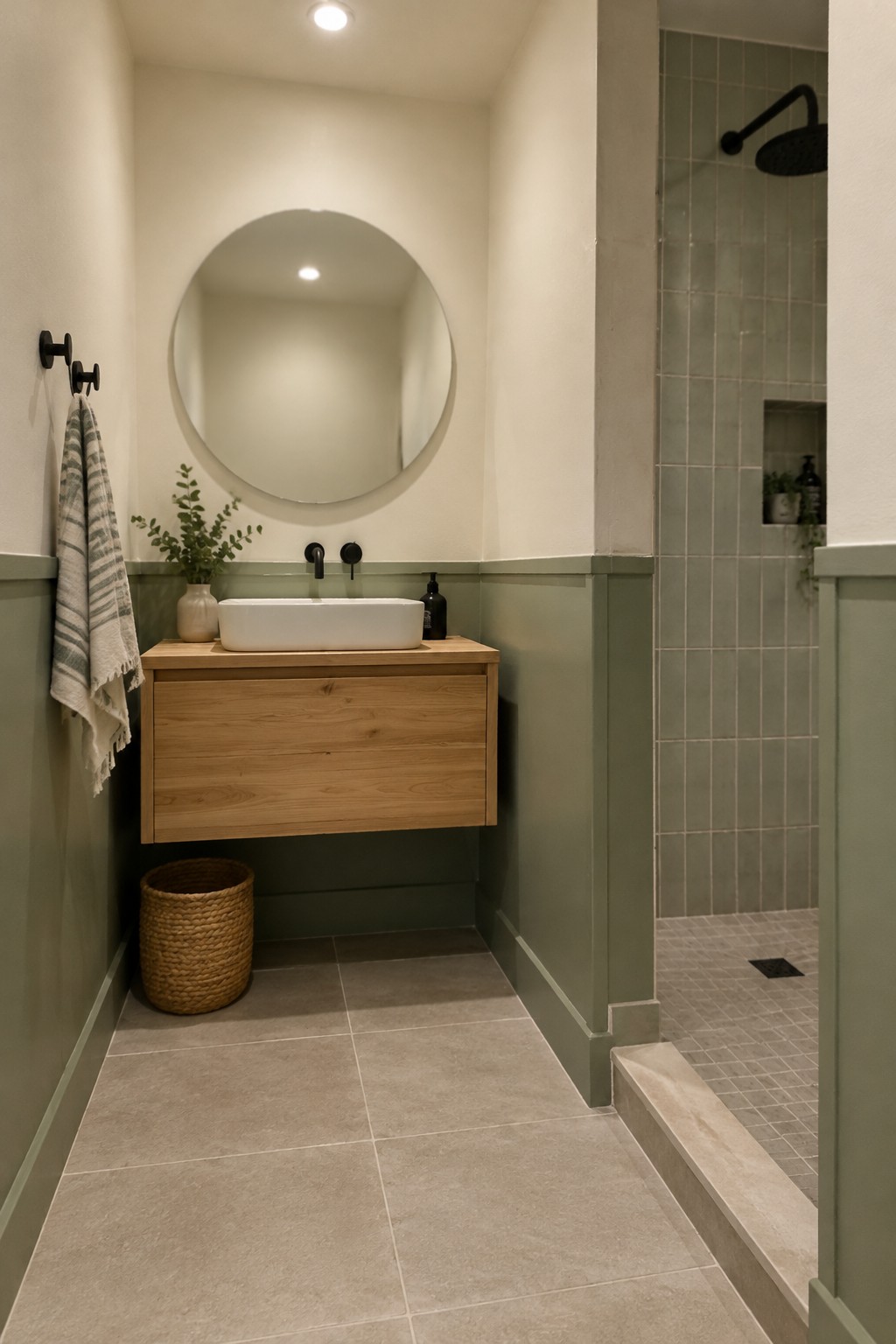 Muted sage green wainscoting in a bathroom beside a warm wood vanity.