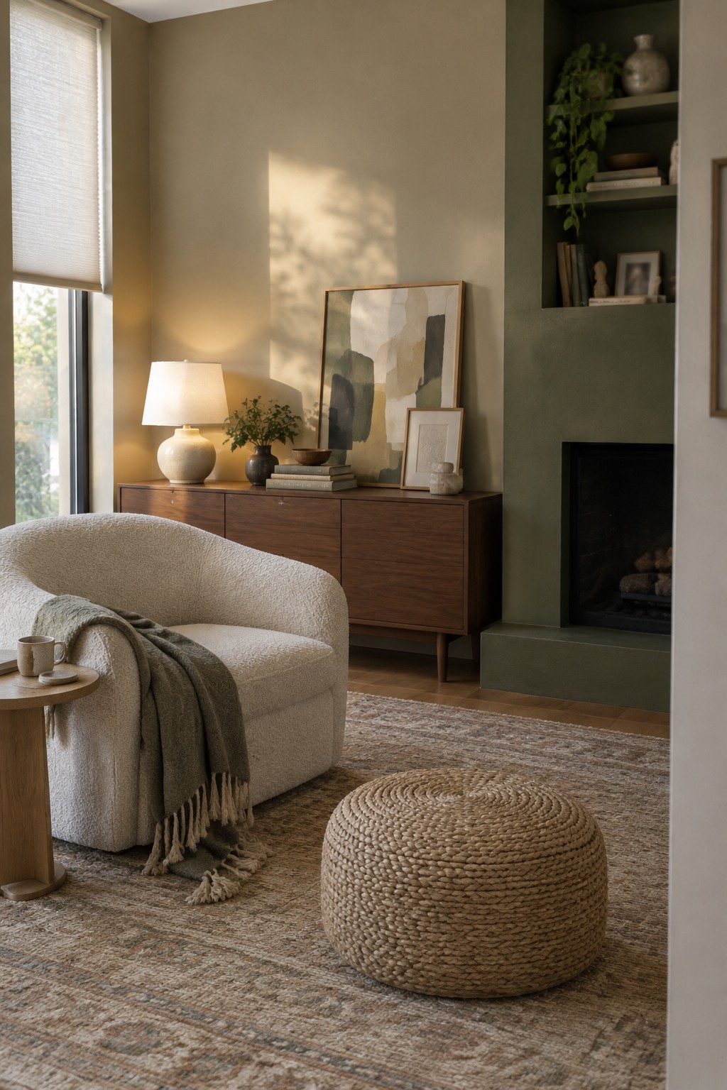 A muted sage living room wall beside a deeper green fireplace.