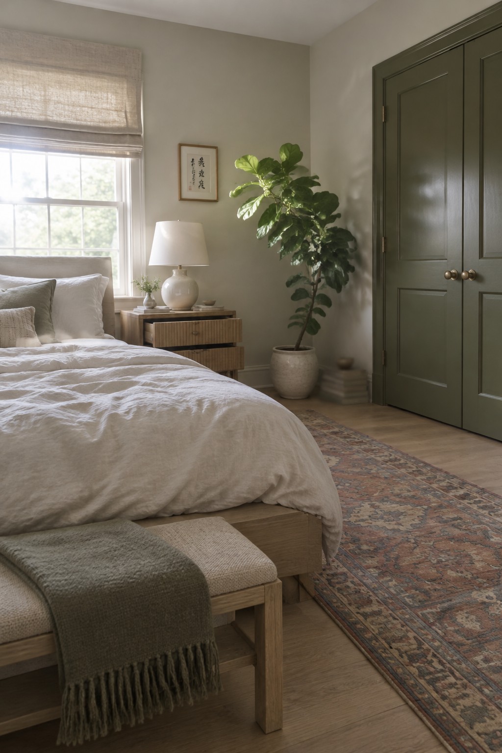 Warm greige bedroom walls beside dark green closet doors.