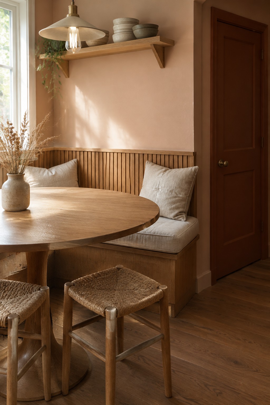 Warm blush beige walls above a wood-paneled banquette in a dining nook.